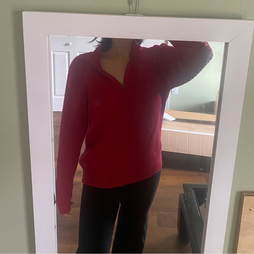 Lands End Vintage Red 1/4 Zip Knit Sweater Pullover Size Large 42-44 made Japan